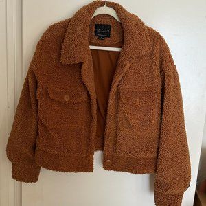 Sanctuary Jacket Womens Small Brown Cropped Button Up Teddy Bear Fuzzy Warm Coat